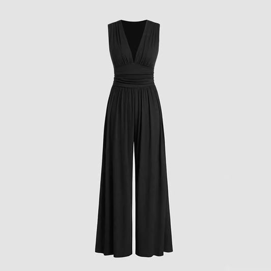 Women's Deep V-neck Pleated Stretch Body Shaping Wide Leg Jumpsuit