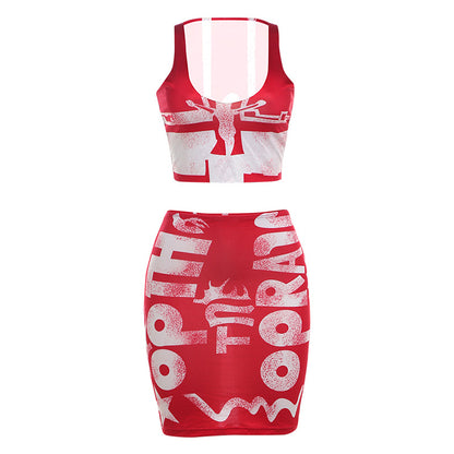 European And American Street Shot Digital Printing Sleeveless Midriff-baring Slim-fit Hip Skirt Suit