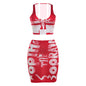 European And American Street Shot Digital Printing Sleeveless Midriff-baring Slim-fit Hip Skirt Suit