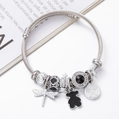 Beaded Cartoon Crown Bear Stainless Steel Bracelet